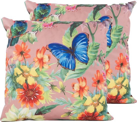 Anna's Collection Sierkussen voor binnen en buiten - 2x - vlinder - oud roze - 45 x 45 cm - tuinkussen