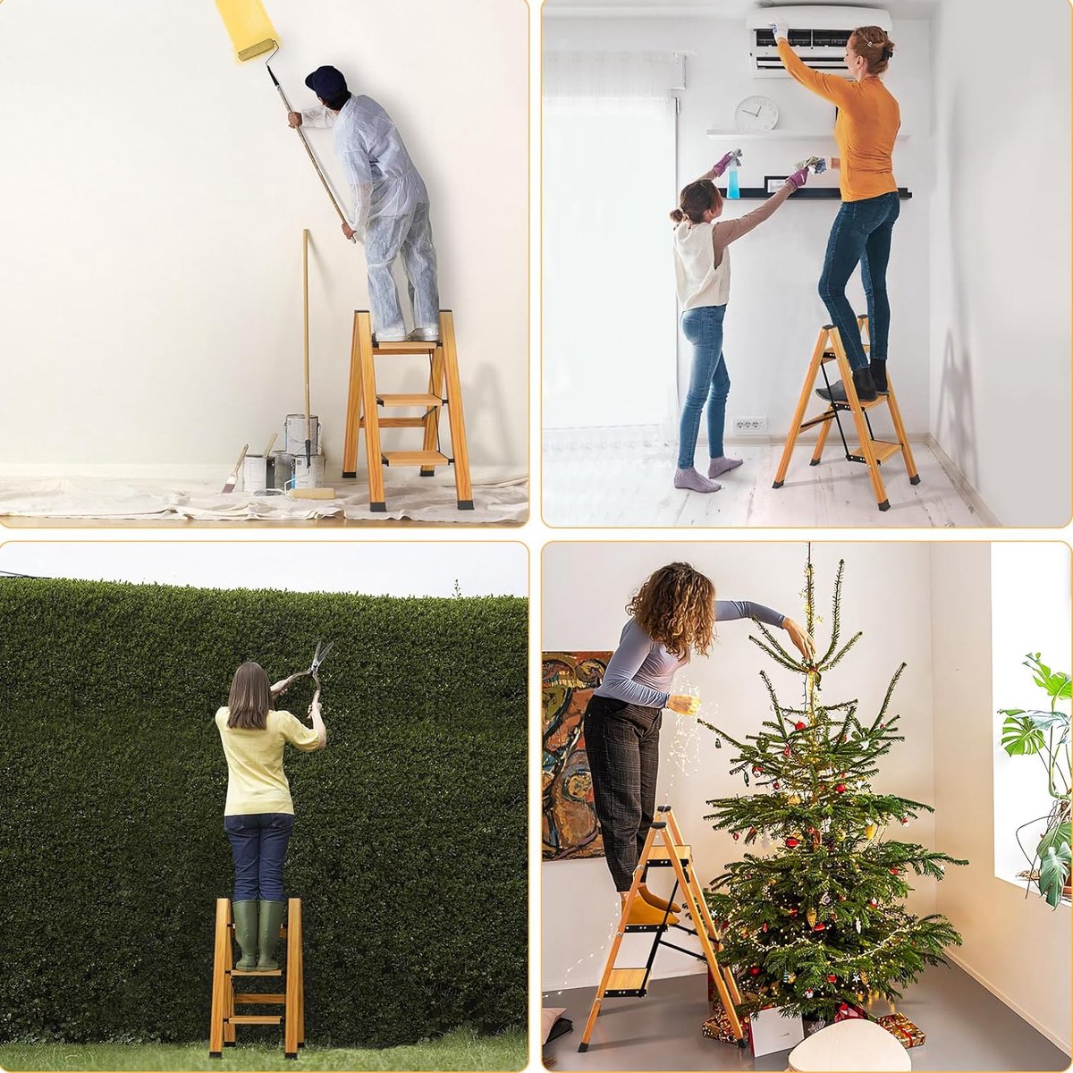 hjh OFFICE 830009 Trapladder met wielen SOLID IV aluminium vouwtrap met 3 treden aan beide zijden beloopbaar, tot 150 kg belastbaar, zilver