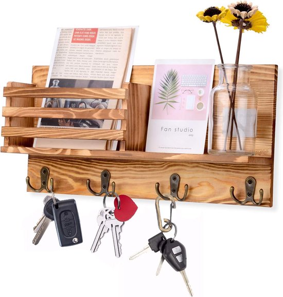 Sleutelrek met plank, wandplank hout voor sleutelhouder met 4 dubbele sleutelhaken, multifunctionele sleutelhouder, entreeruimte voor entree, hal, slaapkamer, woonkamer
