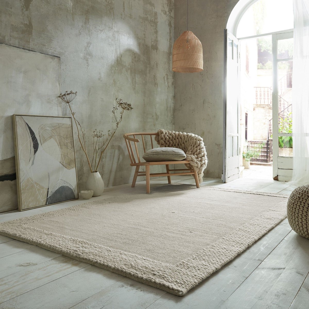 Flycarpets Rue Modern Laagpolig - Wol - Kader Vloerkleed - Naturel / Creme - 120x170 cm