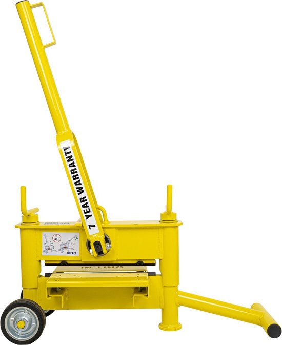 Gele klinkerknipper met de handgreep omhoog gekanteld, met twee wielen en '7 YEAR WARRANTY'.