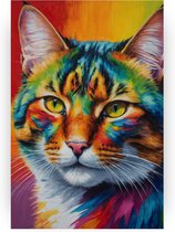 Kat kleurrijk - Huisdieren wanddecoratie - Wanddecoratie kat - Muurdecoratie landelijk - Canvas schilderij woonkamer - Slaapkamer decoratie - 50 x 70 cm 18mm