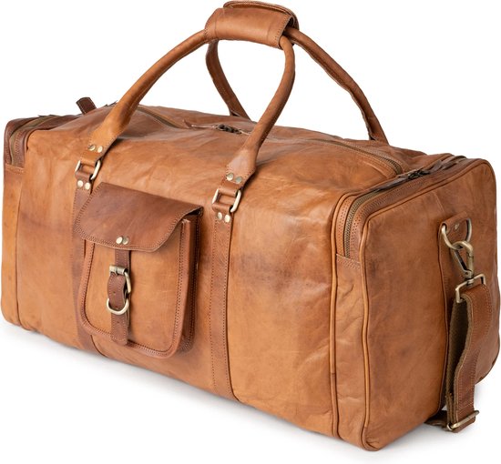 Jaald Leather Handbags Sac De Voyage En Cuir Véritable Jaald - 66 Cm, Marron - Valise Cabine, Sac Week-end, Gym Bag - Style Vintage Imperméable Sac Week End Cuir Véritable Jaald 66