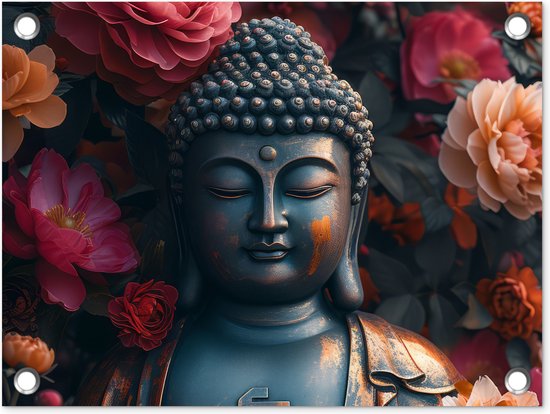 Tuinposter Boeddha - Tuindecoratie Buddha beeld - 40x30 cm - Tuindoek bloemen - Muurdecoratie voor buiten - Schuttingposter - Tuinschilderijen - Tuinwanddecoratie - Tuinposters