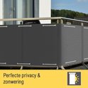 Donkergrijs balkondoek met touwbevestiging. "Perfecte privacy & zonwering".