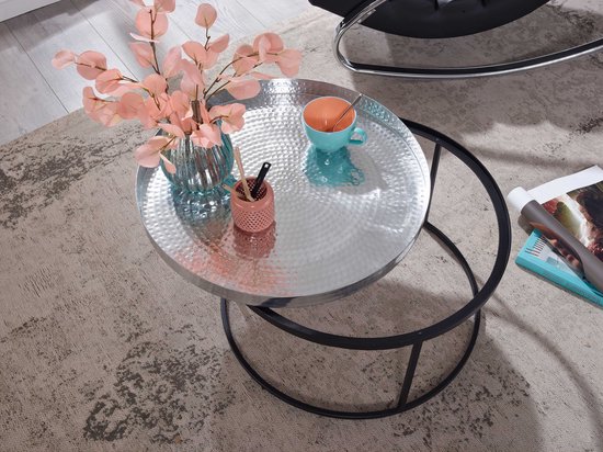 Koffietafel Aluminium 62x62x36 cm Salontafel Gehamerd Metaal Zilver | Tafel Woonkamer Rond | Woonkamertafel Modern | Kleine Bijzettafel