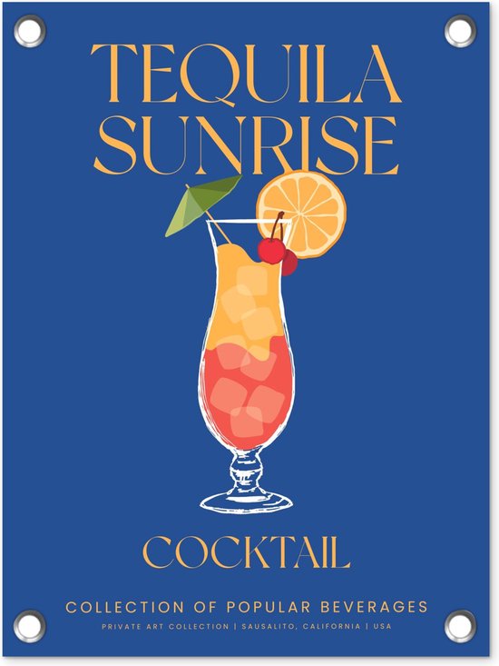 Tuinposter 30x40 cm - Cocktail - Tequila sunrise - Blauw - Zomer - Vintage - Tuindecoratie voor buiten - Schutting decoratie - Tuin - Beach bar accessoires - Tuindoek - Buitenposter