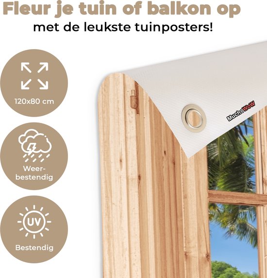 Poster de jardin Plage - Vue - Palmier - Mer - Île - Fenêtre marron clair - 120x80 cm - Toile de jardin - Poster extérieur