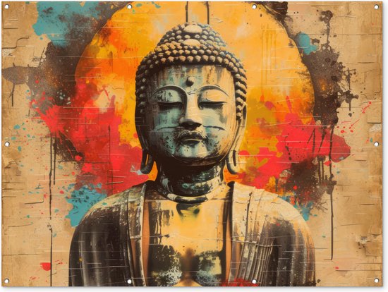 Tuinposter 160x120 cm - Tuindecoratie - Boeddha - Graffiti - Street art - Boedha beeld - Buddha - Poster voor in de tuin - Buiten decoratie - Schutting tuinschilderij - Muurdecoratie - Tuindoek - Buitenposter..