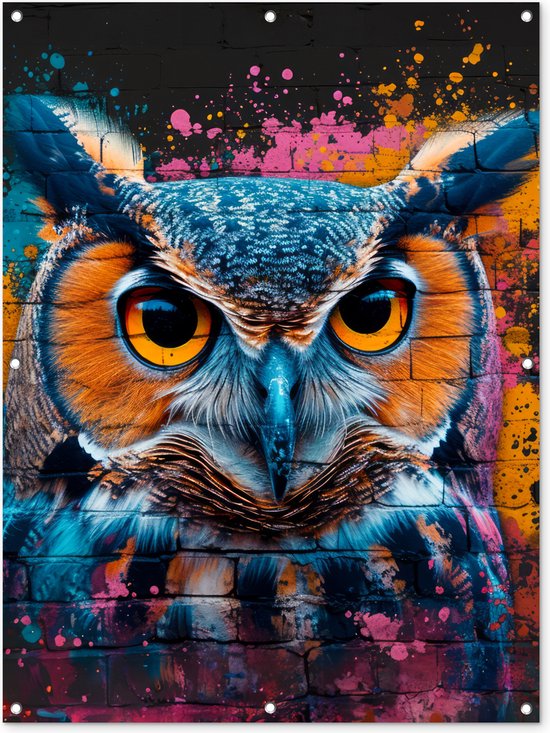 Tuinposter - Tuindoek - Tuinposters buiten - Uil - Vogel - Kleurrijk - Graffiti - Art - 90x120 cm - Tuin..