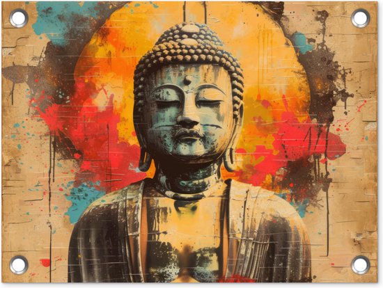Tuinposter 40x30 cm - Tuindecoratie - Boeddha - Graffiti - Street art - Boedha beeld - Buddha - Poster voor in de tuin - Buiten decoratie - Schutting tuinschilderij - Muurdecoratie - Tuindoek - Buitenposter..