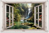 Tuinposter 90x60 cm - Tuindecoratie Waterval - Doorkijk - Jungle - Landschap - Natuur - Wit raam - Poster voor in de tuin - Buiten decoratie - Schutting tuinschilderij - Tuindoek muurdecoratie - Wanddecoratie balkondoek