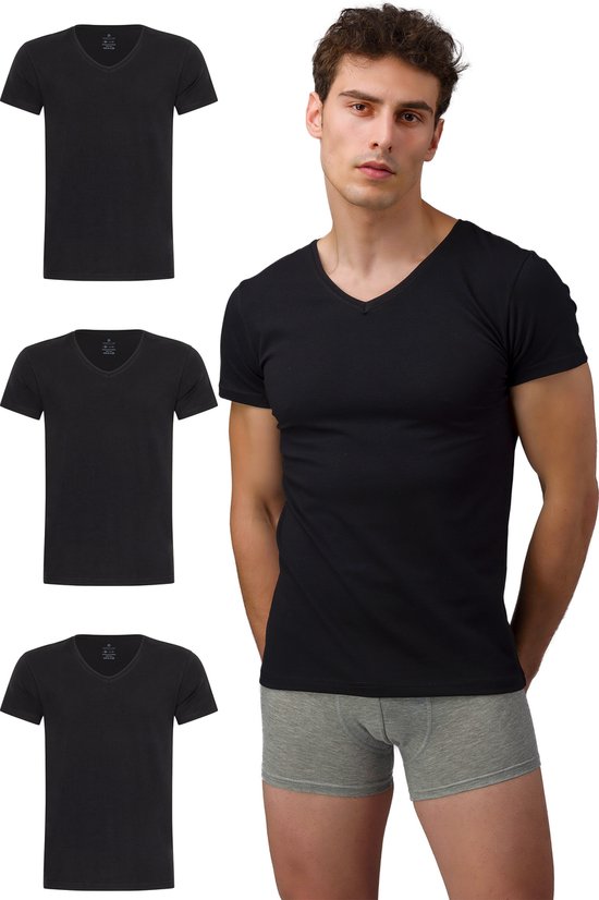 Burnell & Son Maillot de corps pour homme avec col en V- stretch - T-shirt à manches courtes en coton Basic Slim Fit, 3 x Zwart