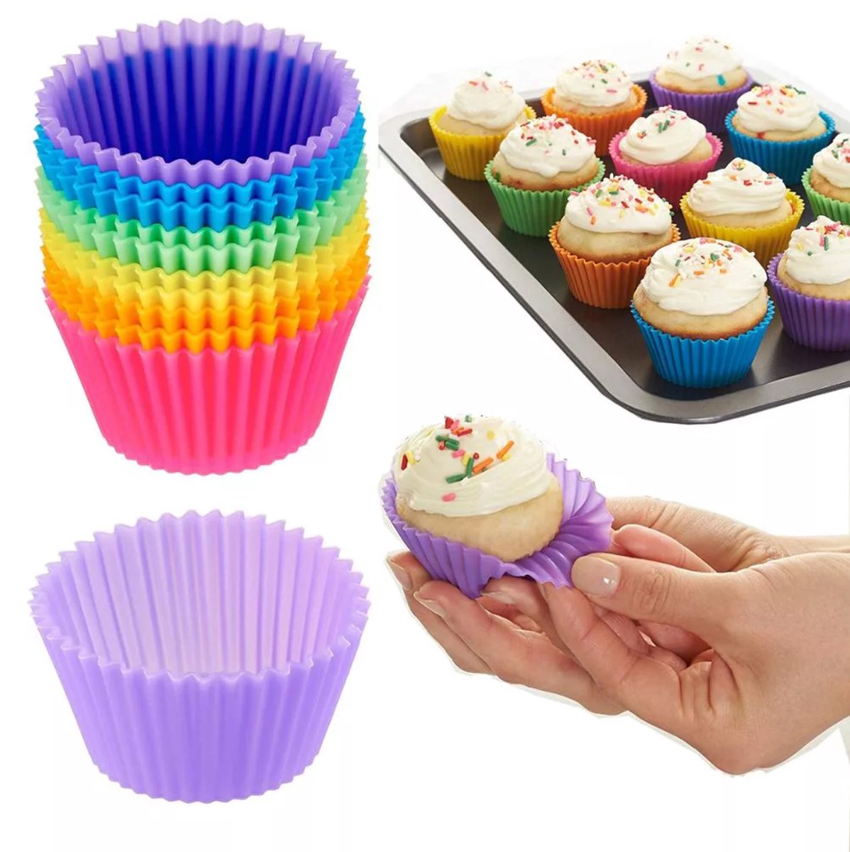 12 Stuks - Siliconen Cupcake Vormpjes - Muffin Vormpjes - Multicolor - Bakvormen - Muffin Bakvormpjes - Hittebestendige Muffinvormpjes - LOUZIR