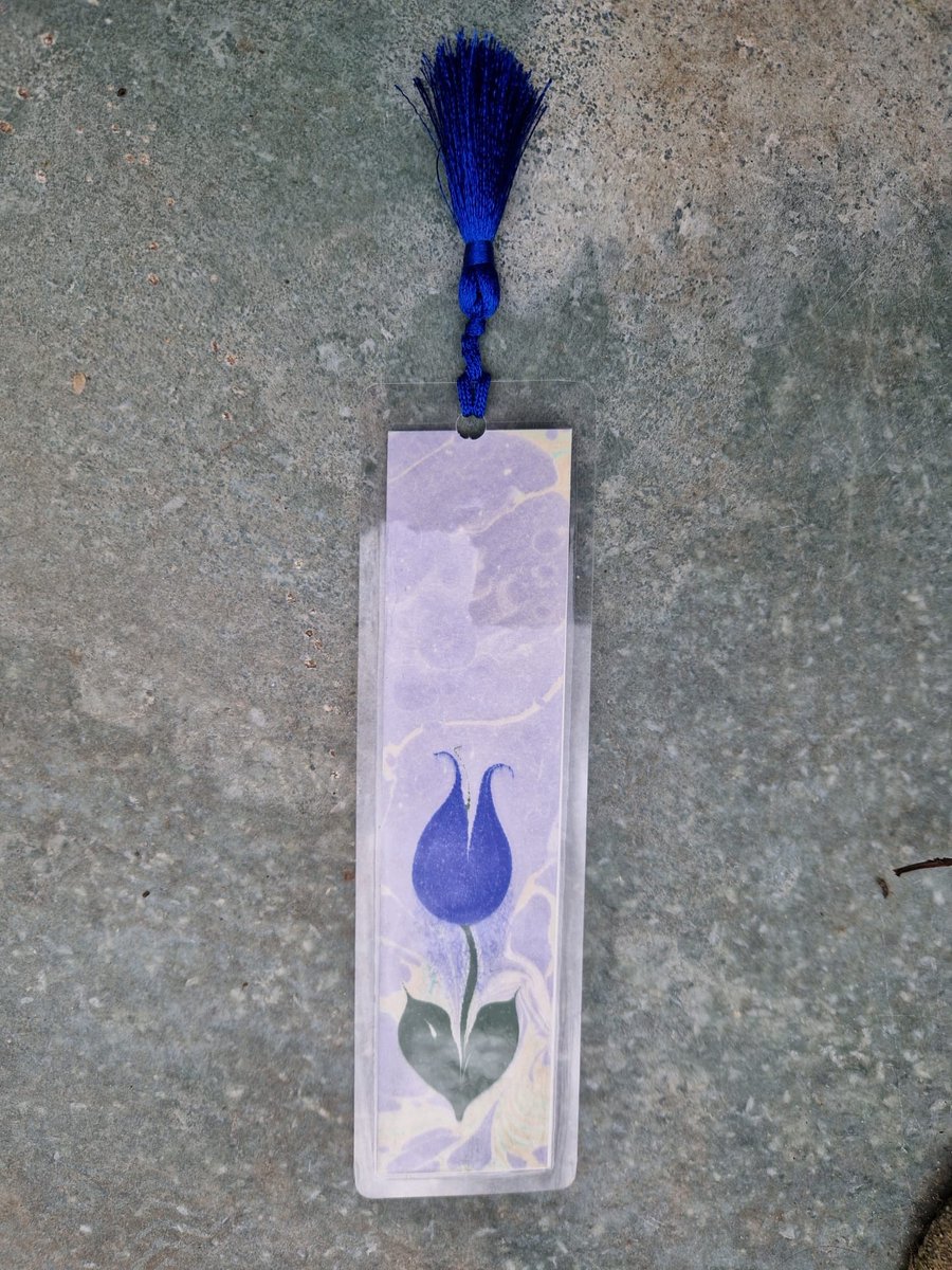 Boekenlegger Ebru-kunst handgeschilderd gelamineerd 17x5 cm blauwe Tulp
