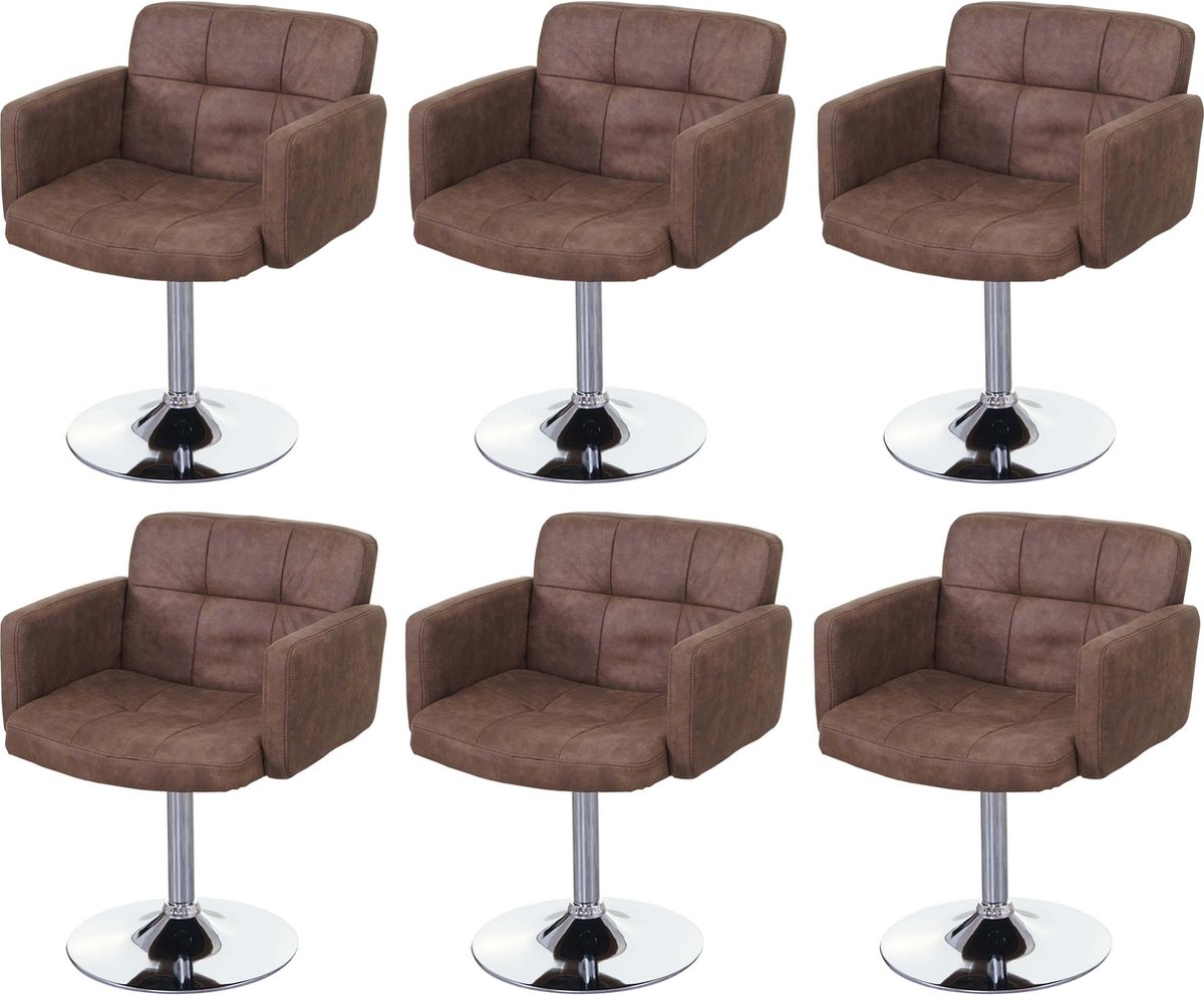 Cosmo Casa Set van 6 Eetkamerstoelen - Draaistoel - Imitatiesuède - Chroom - Vintage Ontwerp - Bruin