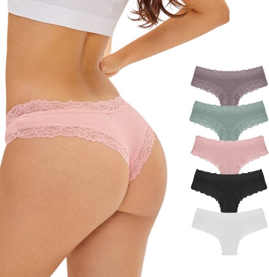 Lot de 5 - Slips sexy pour femmes avec dentelle - Nude, rose, Zwart, vert et Wit - Caleçons 95% Katoen - Set Lingerie / Sous-vêtements femme - String Brazilian - Taille L