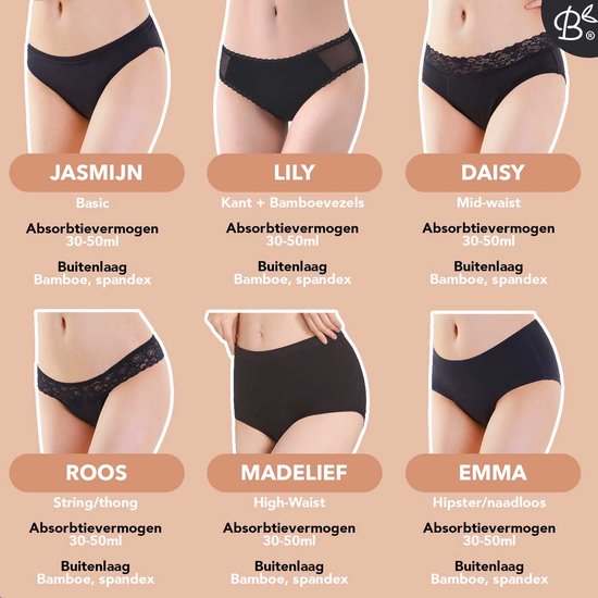 Aperçu de six modèles de culottes menstruelles Bamboozy: Jasmyn, Lily, Daisy, Roos, Madelief et Emma en noir.