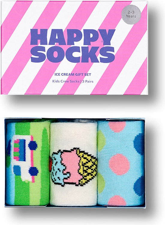 Happy Socks doos met roze en witte strepen. Bevat 3 paar kindersokken.