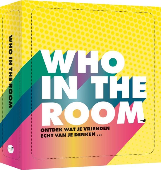 Doosspel "Who in the room". Gele verpakking met gele en witte stippen, gekleurde schaduwen en witte tekst.