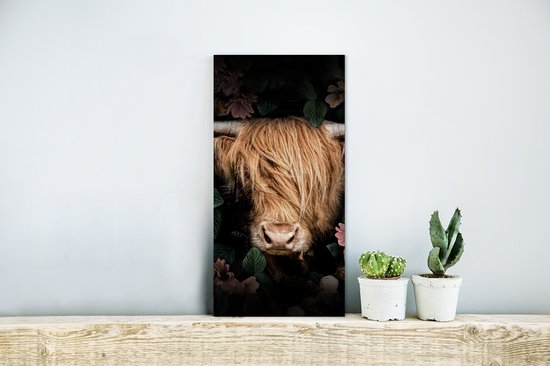 Décoration murale Métal - Peinture Aluminium - Scottish Highlander - Vache - Feuilles - 20x40 cm