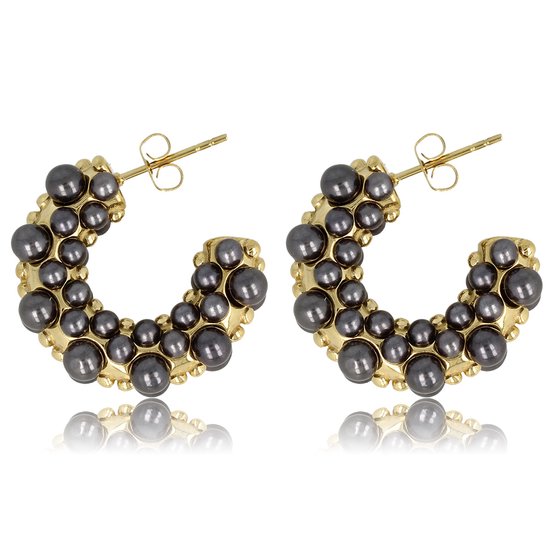 Zwarte parel oorbellen goudkleurig 23mm - Goudkleurige oorring versierd met zwarte parels - Met luxe cadeauverpakking