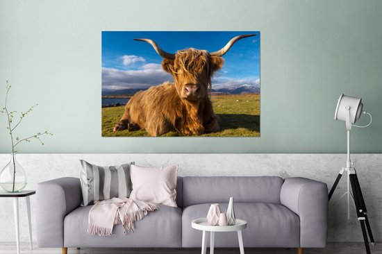 Wanddecoratie Metaal - Aluminium Schilderij Industrieel - Schotse hooglander - Licht - Natuur - 180x120 cm - Dibond - Foto op aluminium - Industriële muurdecoratie - Voor de woonkamer/slaapkamer