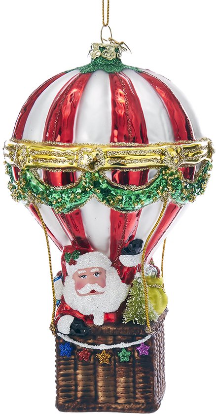 Kurt S. Adler Kerstornament - Luchtballon met Kerstman - glas - rood wit - 14cm