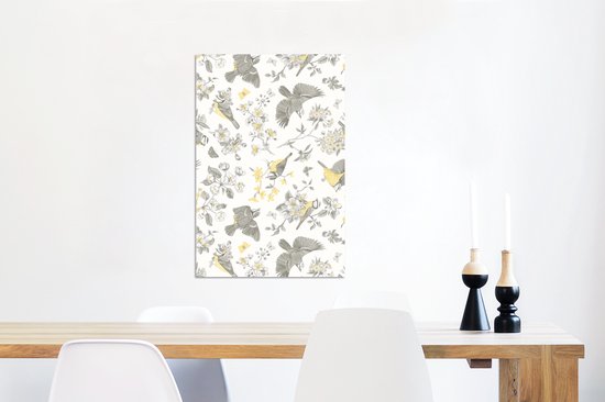 Wanddecoratie Metaal - Aluminium Schilderij Industrieel - Bloemen - Vogel - Patronen - 60x90 cm - Dibond - Foto op aluminium - Industriële muurdecoratie - Voor de woonkamer/slaapkamer