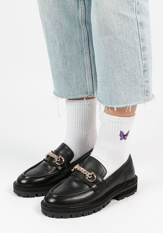 Sacha - Dames - Zwarte chunky loafers met goudkleurige chain - Maat 38