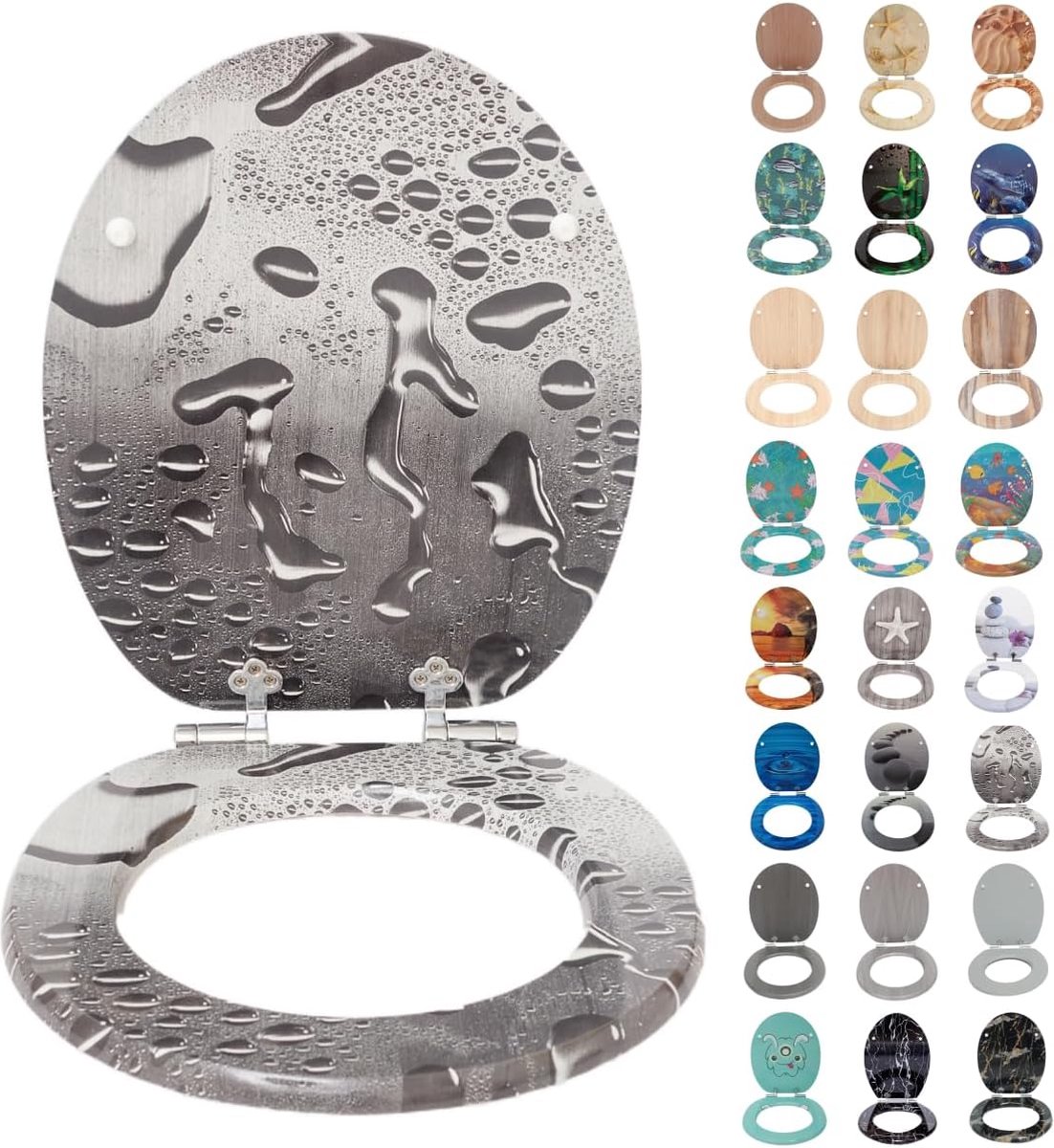 Toiletbril met softclose-mechanisme, MDF-houten kern, softclose-scharnieren, waterdruppels