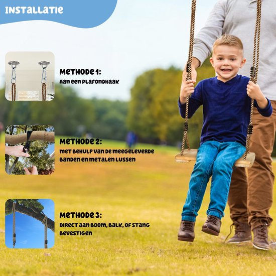 Siège De Balançoire En Bois – Corde Réglable De 110 à 180 Cm, Charge Max 150 Kg, Pour Adulte Et Enfant