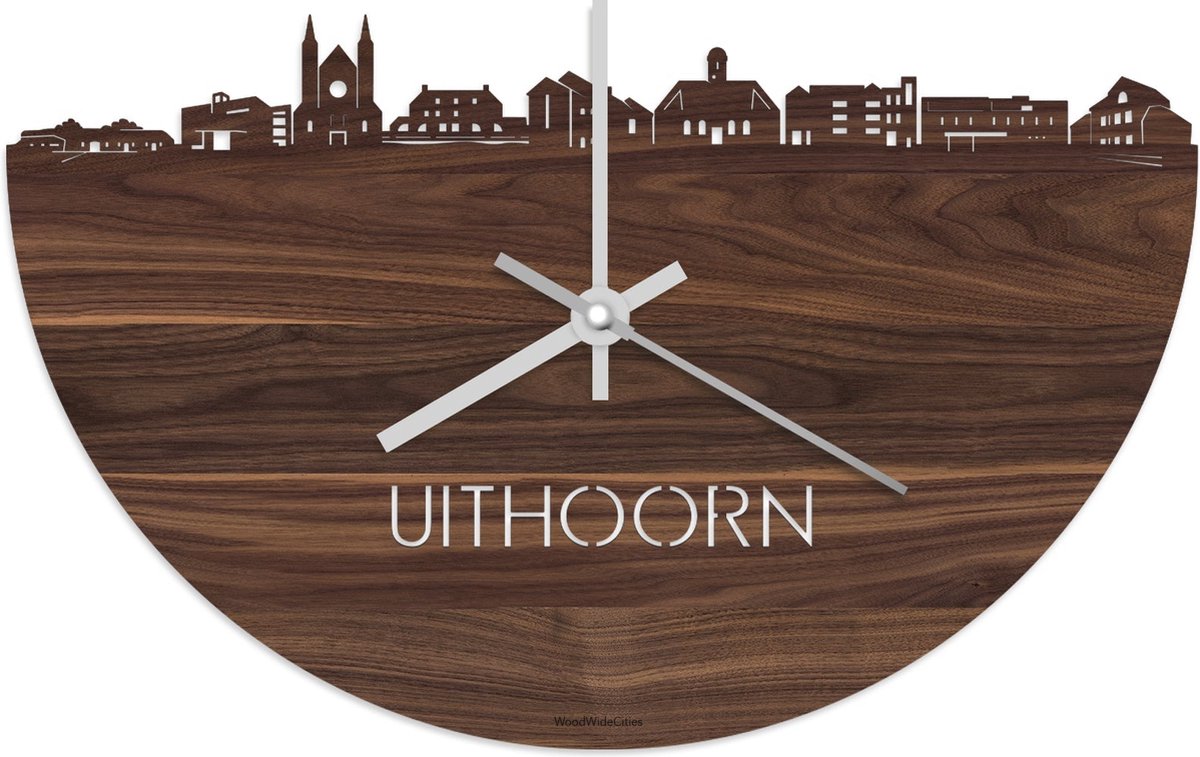 Skyline Klok Uithoorn Notenhout - Ø 40 cm - Stil uurwerk - Wanddecoratie - Meer steden beschikbaar - Woonkamer idee - Woondecoratie - City Art - Steden kunst - Cadeau voor hem - Cadeau voor haar - Jubileum - Trouwerij - Housewarming - WoodWideCities