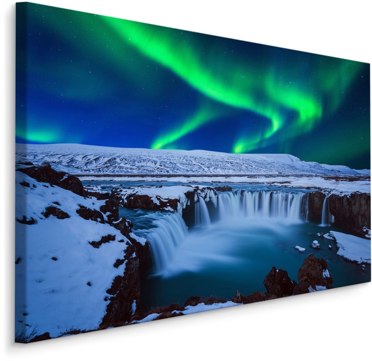 karo-art Schilderij - Noorderlicht boven waterval, premium print Multikleur