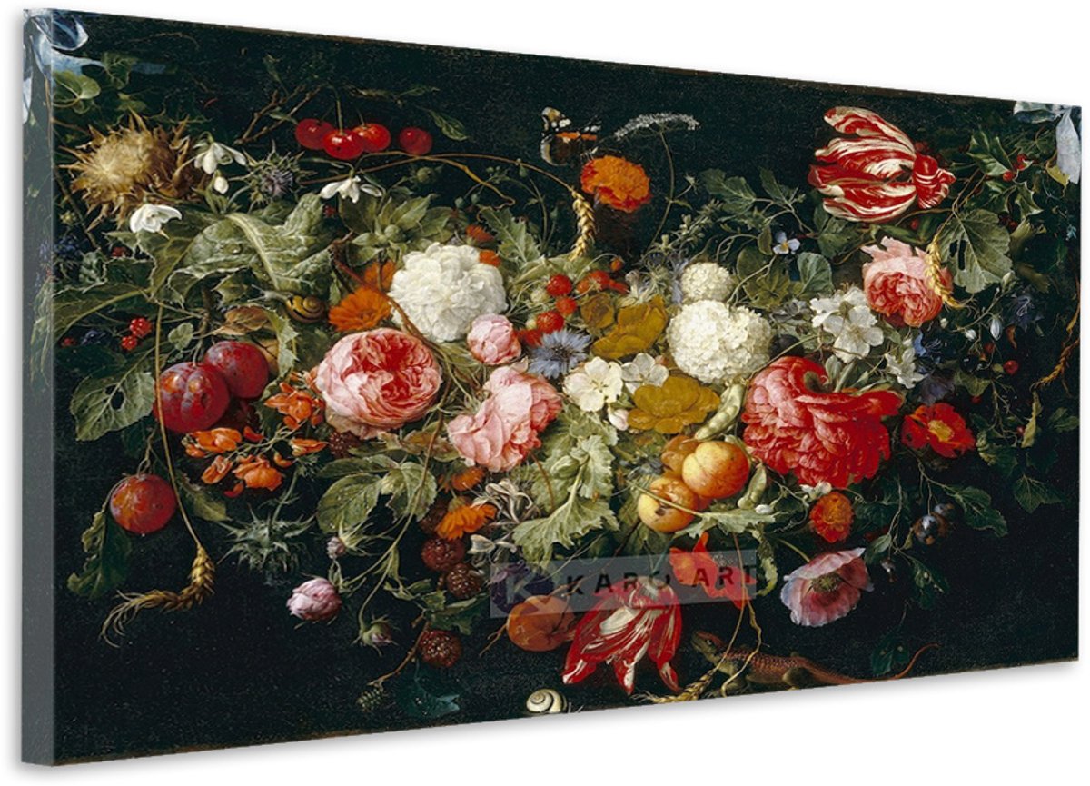 karo-art Schilderij - Slinger van bloemen en fruit, Jan Davidsz de Heem , print op canvas Multikleur