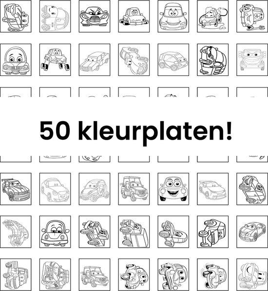 Auto's A5 kleurblok - 50 Kleurplaten - kleurblok met 50 cartoon auto's - kleurplaten voor kinderen - 14.8cm x 21cm