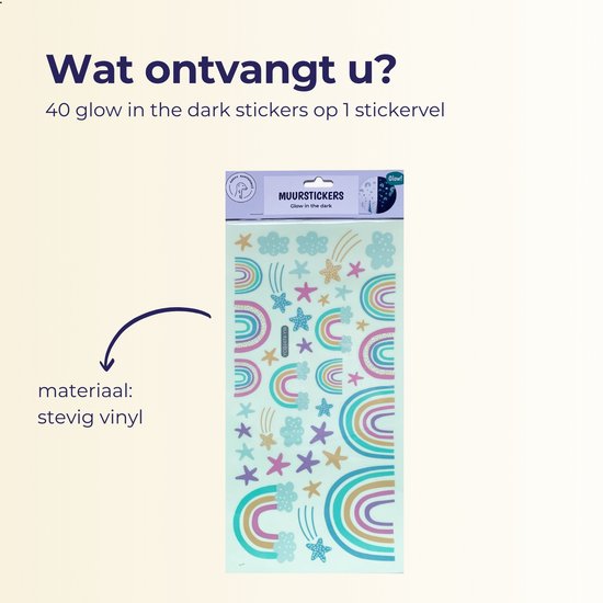 Verpakking van 40 glow in the dark muurstickers met sterren en regenbogen in diverse kleuren.