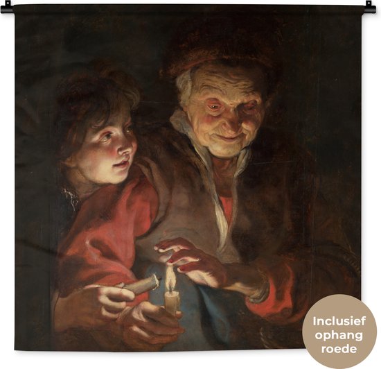Wandkleed - Wanddoek - Oude vrouw en jongen met kaarsen - Schilderij van Peter Paul Rubens - 90x90 cm - Wandtapijt
