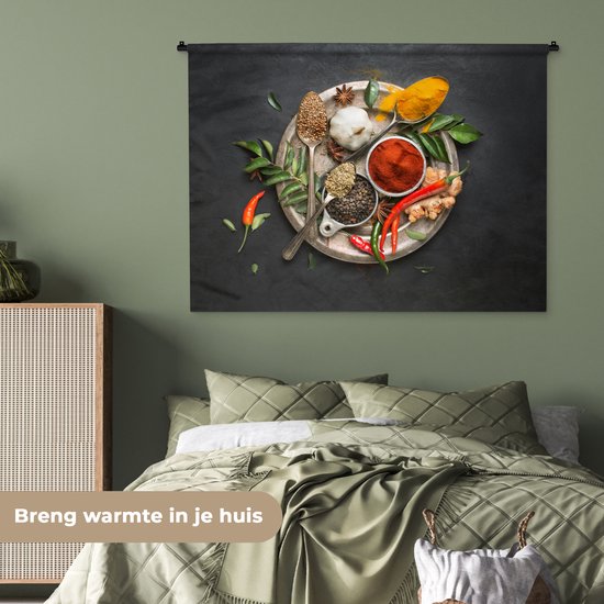 Wandkleed - Wanddoek - Kruiden - Bord - Peper - Zwart - Lepels - Zilver - 120x90 cm - Wandtapijt