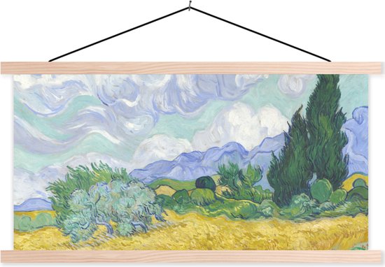 Posterhanger incl. Poster - Schoolplaat - Korenveld met cipressen - Vincent van Gogh - 150x75 cm - Blanke latten