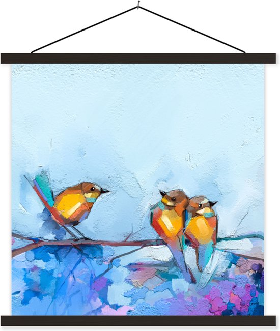 Posterhanger incl. Poster 120x120 cm - Schoolplaat - Schilderij - Olieverf - Vogel - Tak - Textielposter - Zwarte latten