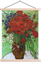 Posterhanger incl. Poster 60x80 cm - Schoolplaat - Vaas met rode papavers en madeliefjes - Vincent van Gogh - Textielposter - Blanke latten