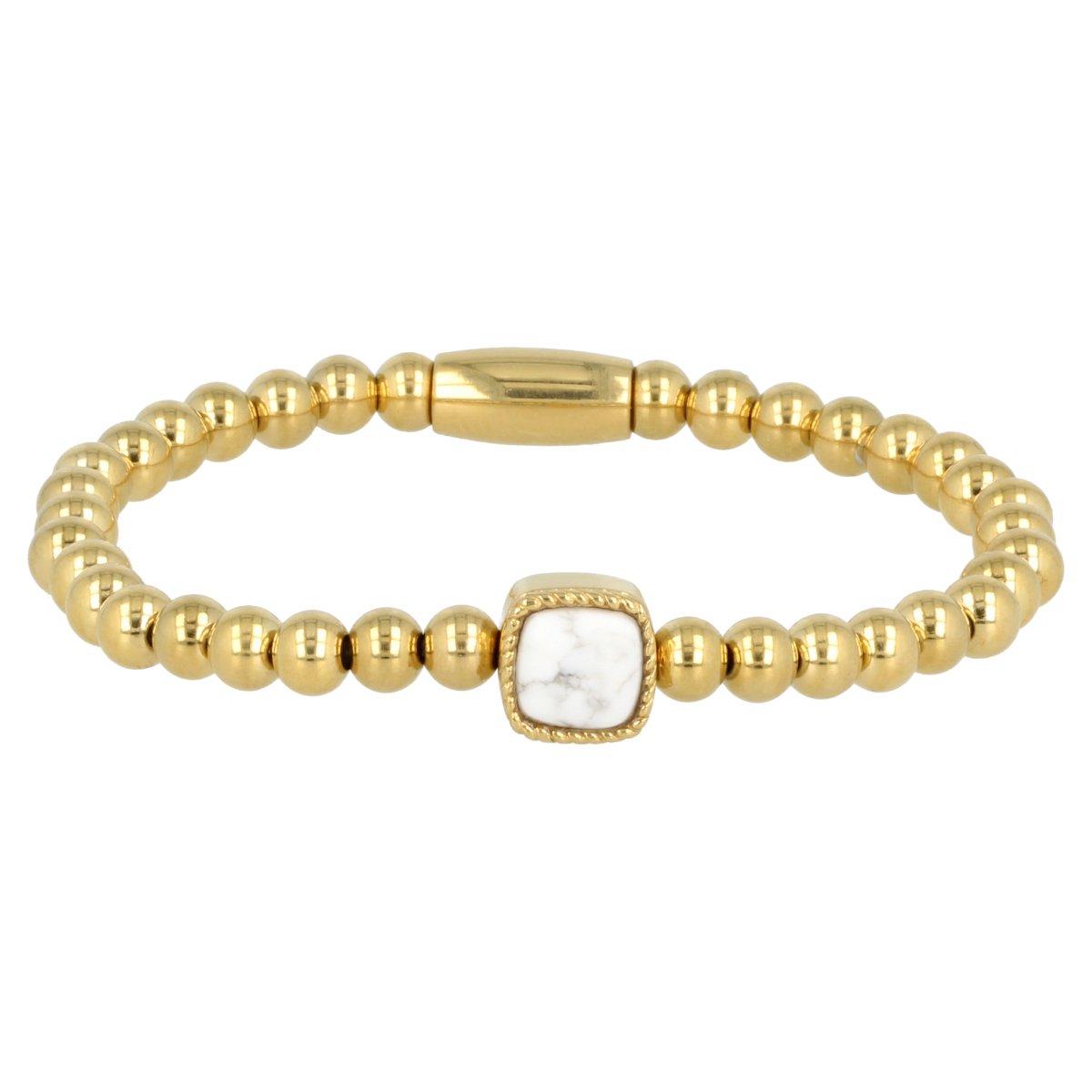 Gouden elastische bedelarmband met Howlite edelsteen - Gouden armband met Howlite edelsteen - Met luxe cadeauverpakking