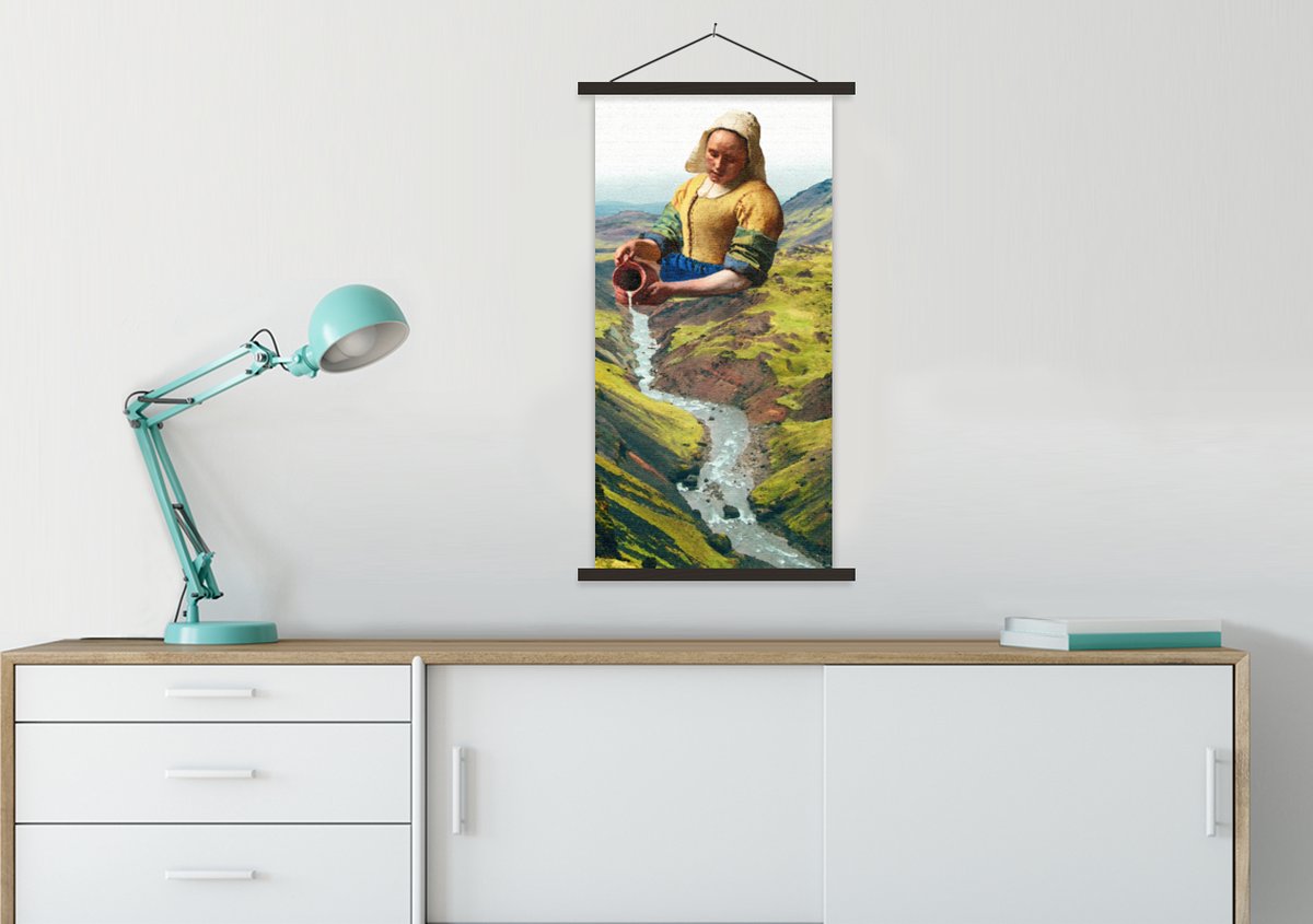 Posterhanger incl. Poster 60x120 cm - Schoolplaat - Melkmeisje - Natuur - Vermeer - Textielposter - Zwarte latten