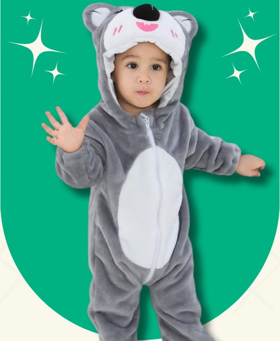 BoefieBoef Koala Dieren Onesie & Pyjama voor Baby & Dreumes en Peuter tm 18 maanden - Kinder Verkleedkleding - Dieren Kostuum Pak - Grijs