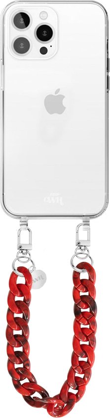 siliconen hoesje xoxo Wildhearts - Convient pour iPhone 13 Pro Max - Roses rouges - Étui de téléphone - Étui avec cordon - Cordon rouge - cordon téléphonique court - Étui transparent (variante courte)