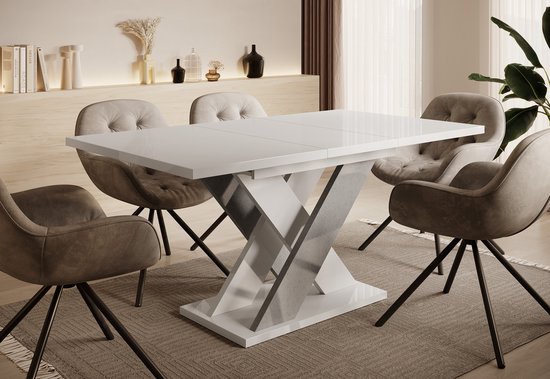 Meubella - Table de salle à manger Xandra - Wit brillant - Aspect béton - 160 cm - Extensible