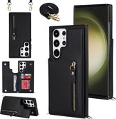 Casemania Hoesje Geschikt voor Samsung Galaxy S24 Ultra Zwart - Luxe Back Cover met Koord - Wallet Case - Pasjeshouder