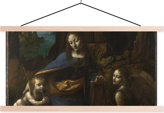 Posterhanger incl. Poster - Schoolplaat - Maagd op de rotsen - Leonardo da Vinci - 150x75 cm - Blanke latten