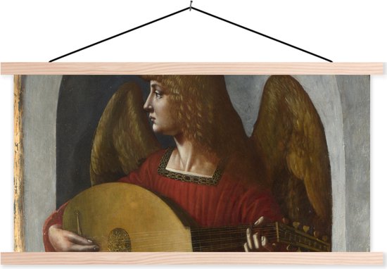 Posterhanger incl. Poster - Schoolplaat - An angel in red with a lute - Leonardo da Vinci - 150x75 cm - Blanke latten